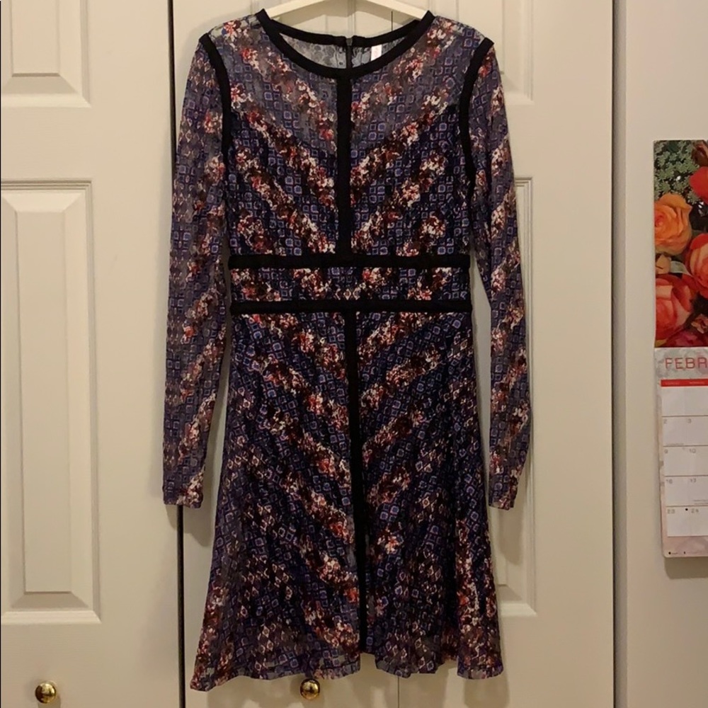 Long sleeve multi-color fitted swing dress